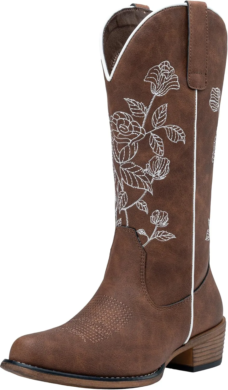 Jeossy Women's Cowboy Mid Calf Boots with Embroidery Flower, Low Heel Western Cowgirl 9807 Boots