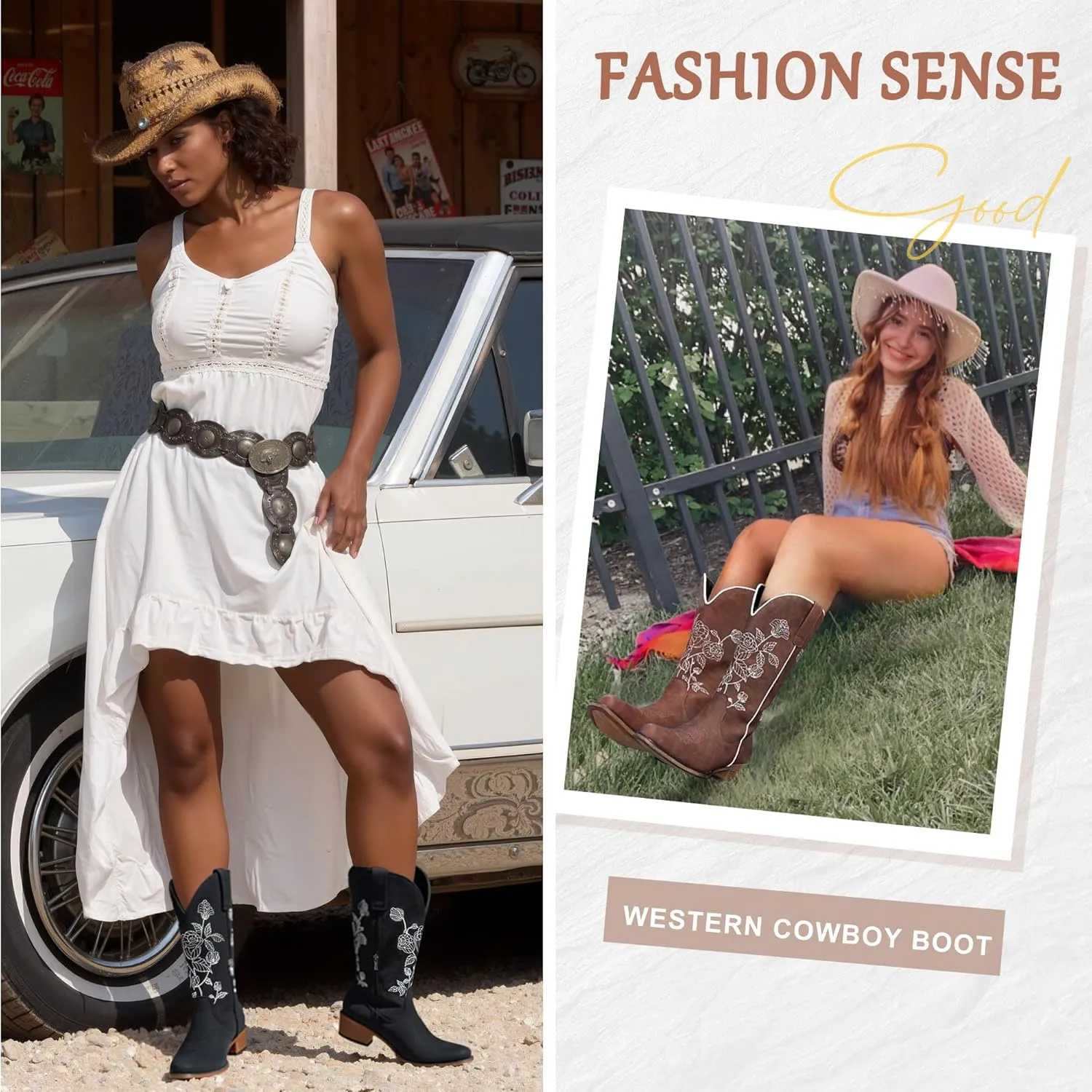 Jeossy Women's Cowboy Mid Calf Boots with Embroidery Flower, Low Heel Western Cowgirl 9807 Boots