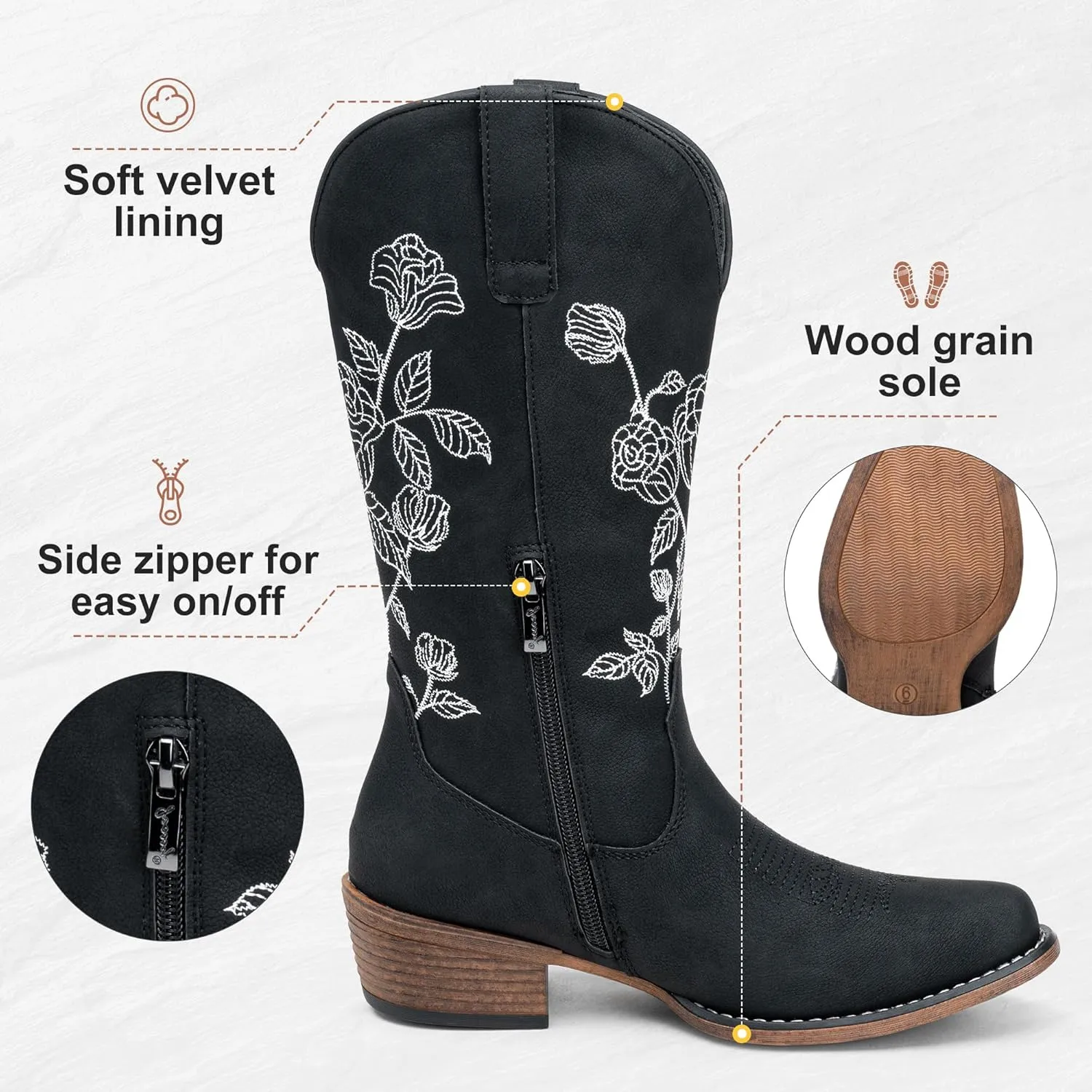 Jeossy Women's Cowboy Mid Calf Boots with Embroidery Flower, Low Heel Western Cowgirl 9807 Boots
