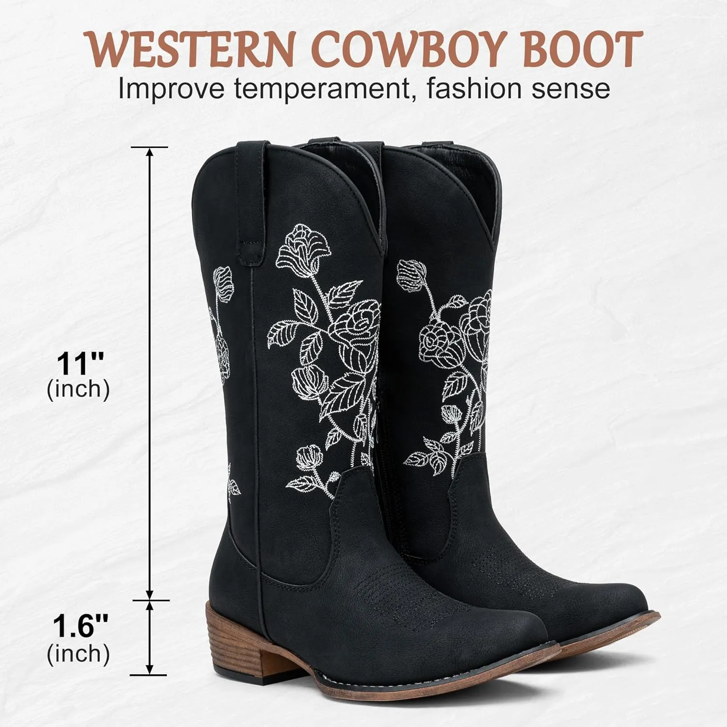 Jeossy Women's Cowboy Mid Calf Boots with Embroidery Flower, Low Heel Western Cowgirl 9807 Boots