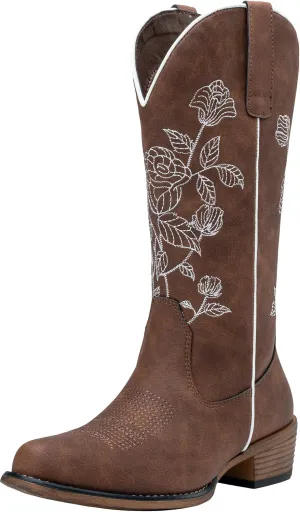 Jeossy Women's Cowboy Mid Calf Boots with Embroidery Flower, Low Heel Western Cowgirl 9807 Boots