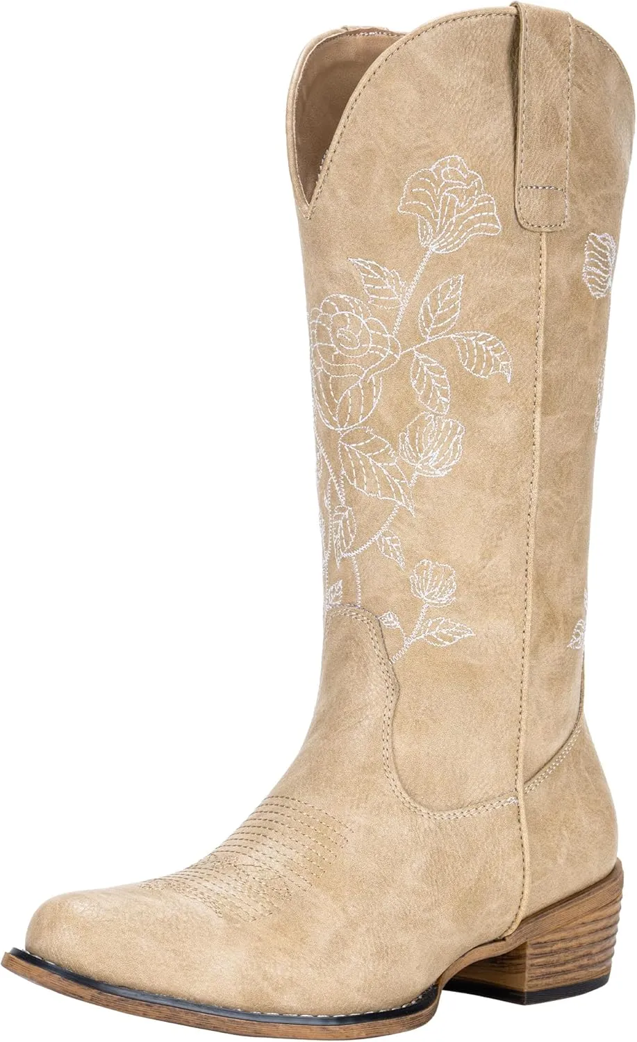 Jeossy Women's Cowboy Mid Calf Boots with Embroidery Flower, Low Heel Western Cowgirl 9807 Boots