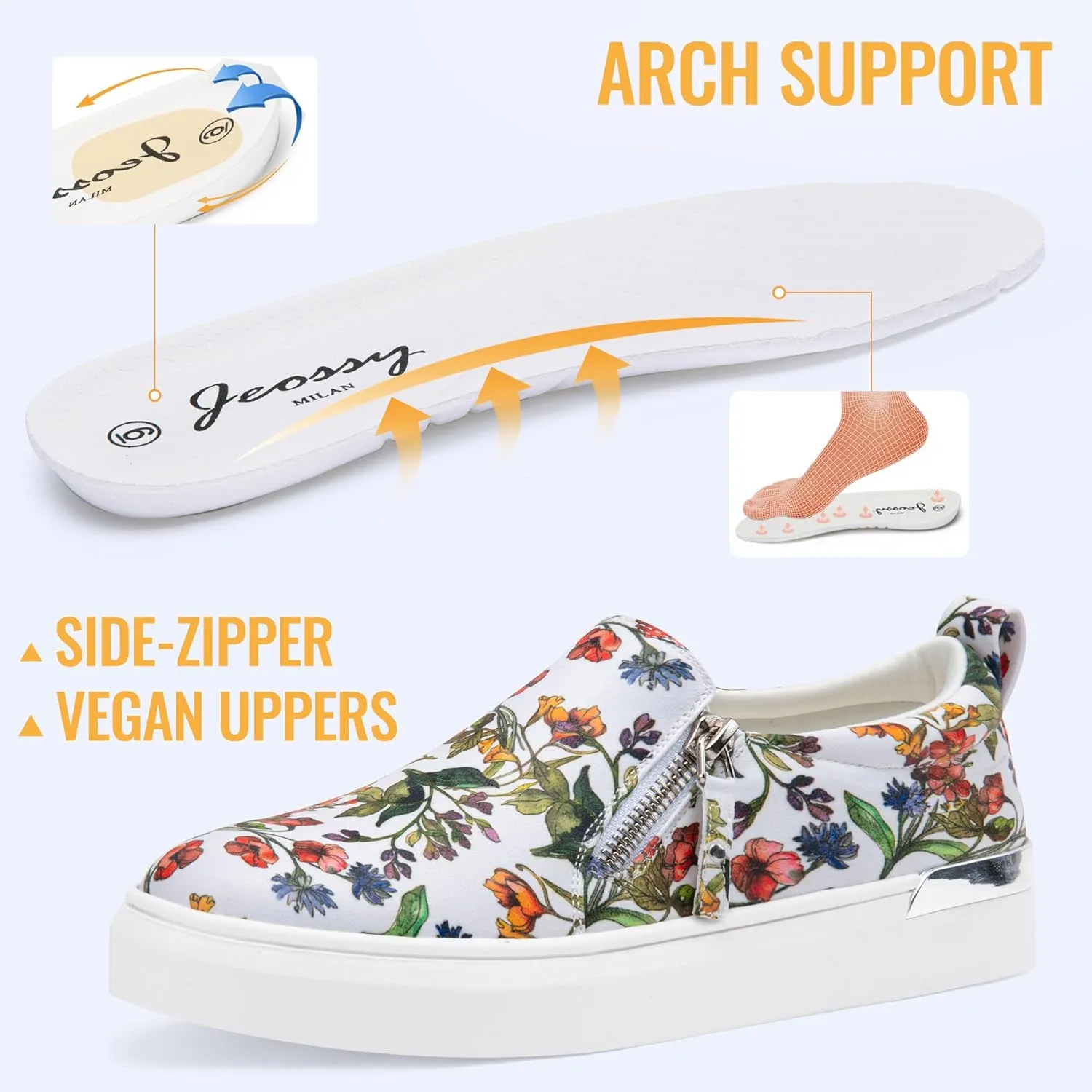 Jeossy Women's Slip On Shoes Casual Fashion Sneakers 8010 Arch Support Loafers for Women with Zipper