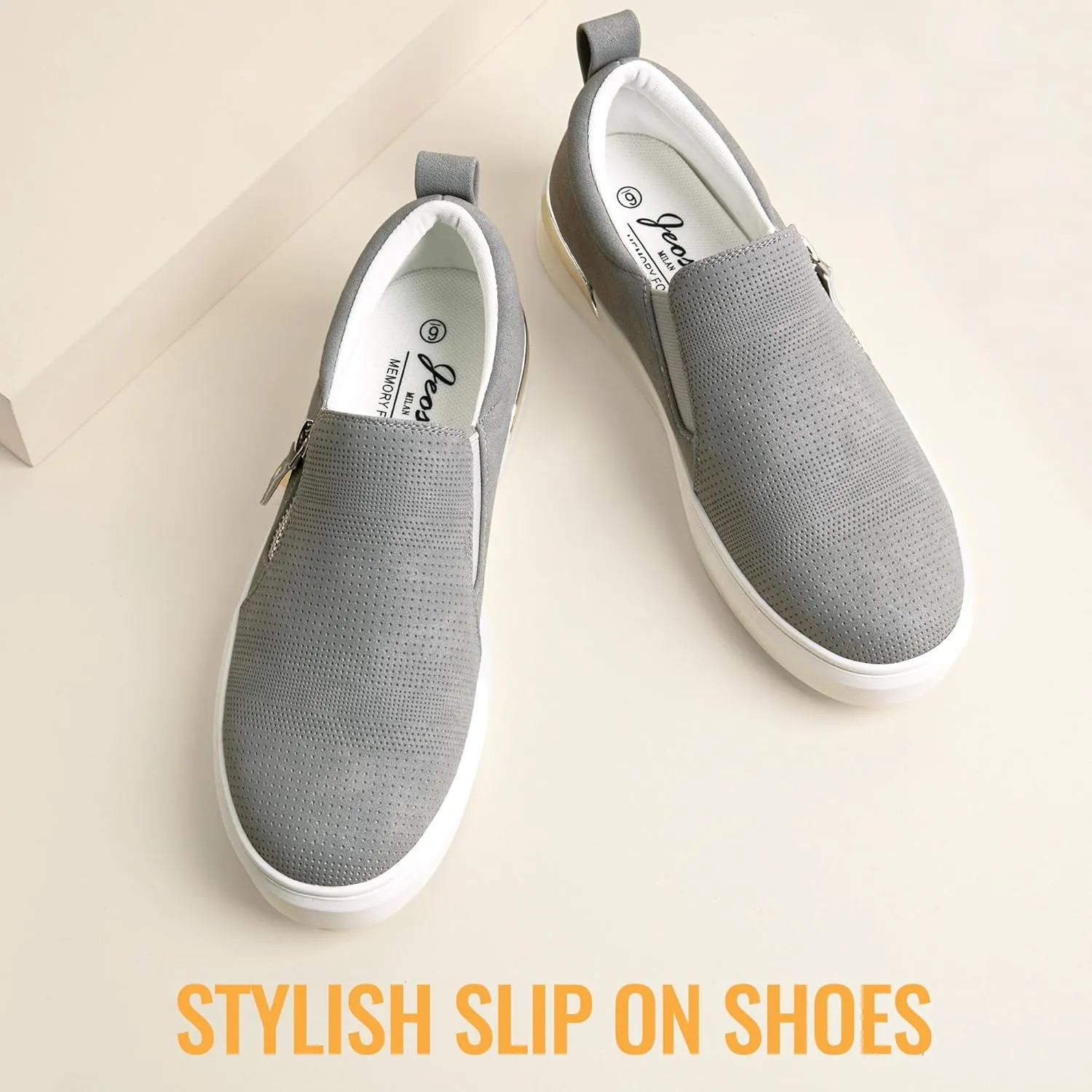 Jeossy Women's Slip On Shoes Casual Fashion Sneakers 8010 Arch Support Loafers for Women with Zipper