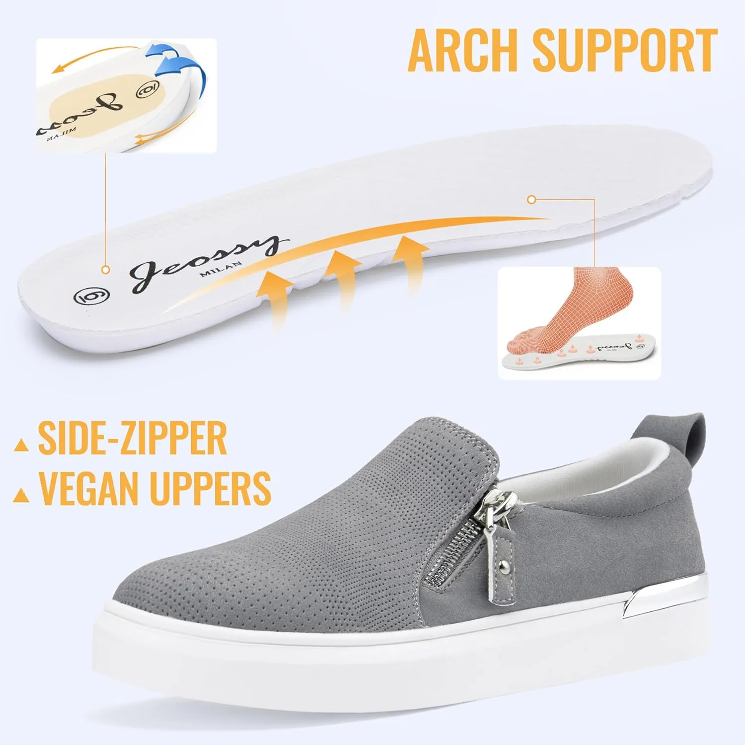 Jeossy Women's Slip On Shoes Casual Fashion Sneakers 8010 Arch Support Loafers for Women with Zipper