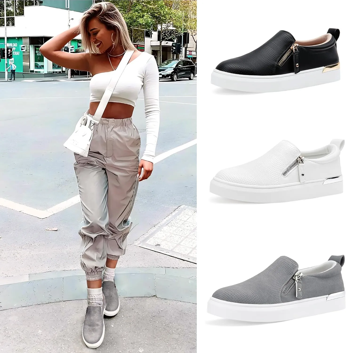 Jeossy Women's Slip On Shoes Casual Fashion Sneakers 8010 Arch Support Loafers for Women with Zipper
