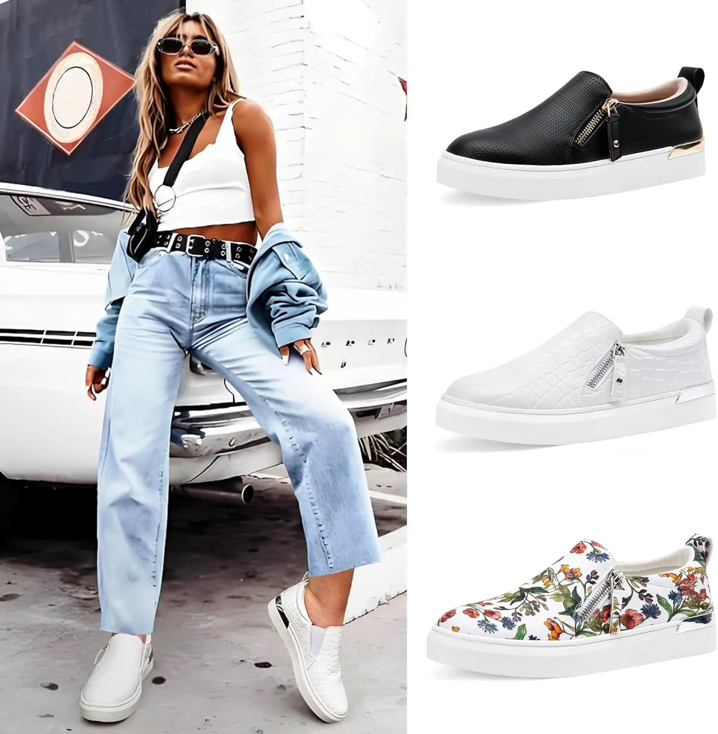 Jeossy Women's Slip On Shoes Casual Fashion Sneakers 8010 Arch Support Loafers for Women with Zipper