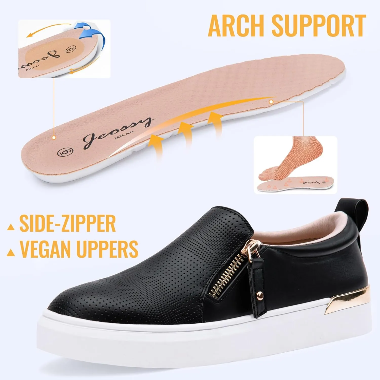 Jeossy Women's Slip On Shoes Casual Fashion Sneakers 8010 Arch Support Loafers for Women with Zipper