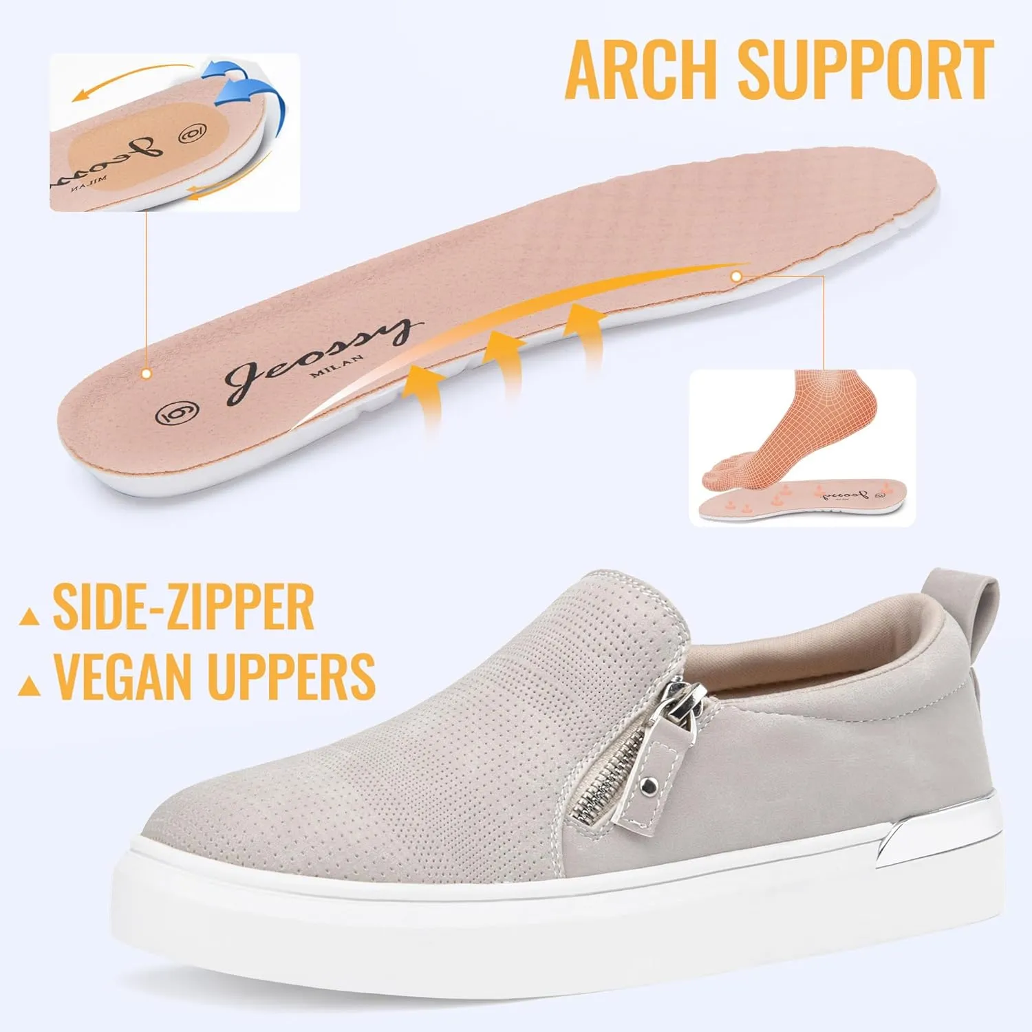 Jeossy Women's Slip On Shoes Casual Fashion Sneakers 8010 Arch Support Loafers for Women with Zipper