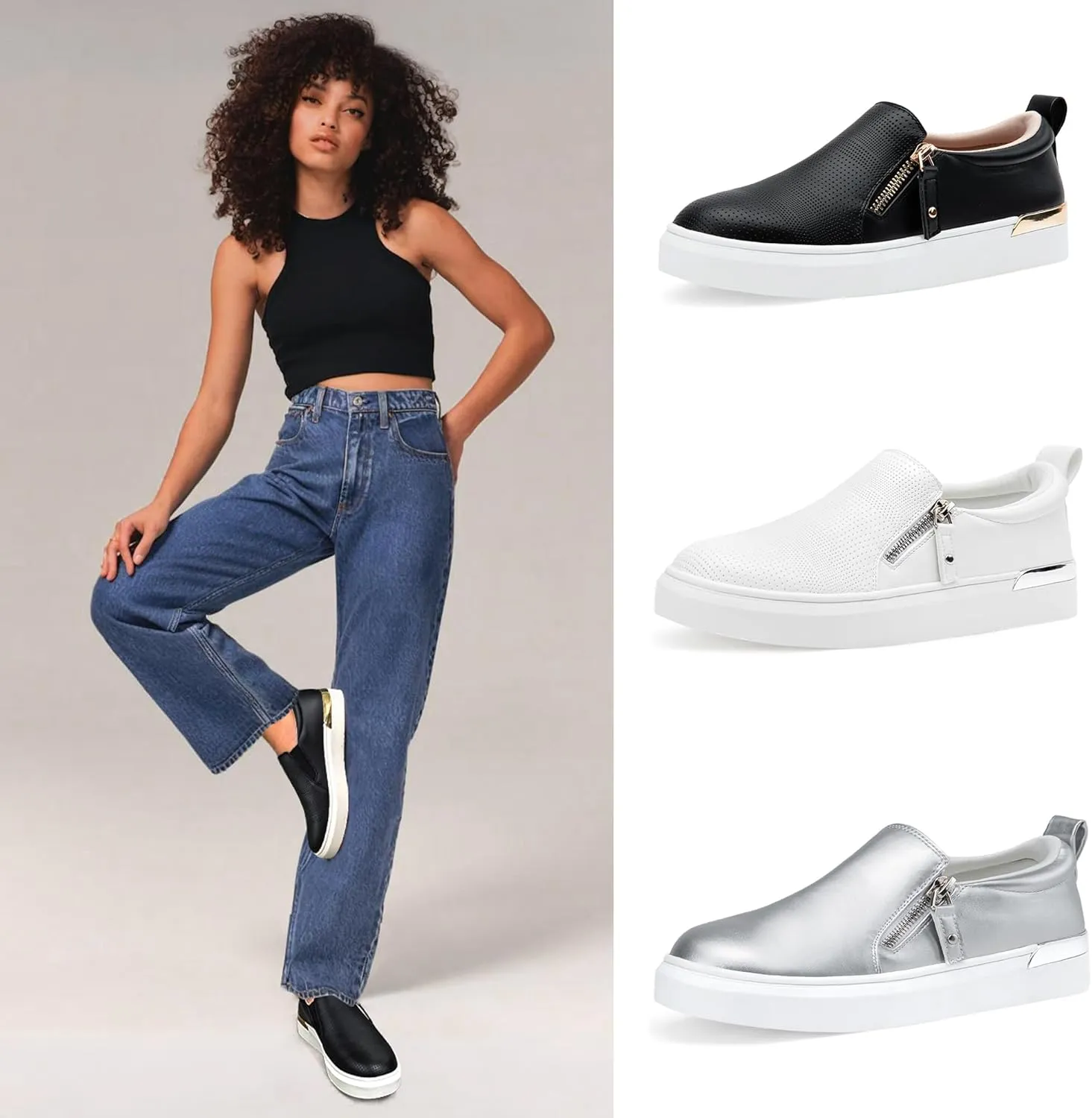 Jeossy Women's Slip On Shoes Casual Fashion Sneakers 8010 Arch Support Loafers for Women with Zipper