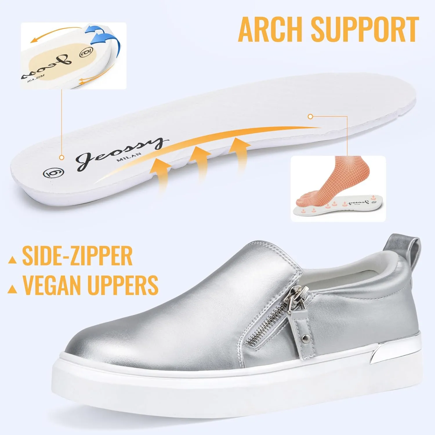 Jeossy Women's Slip On Shoes Casual Fashion Sneakers 8010 Arch Support Loafers for Women with Zipper