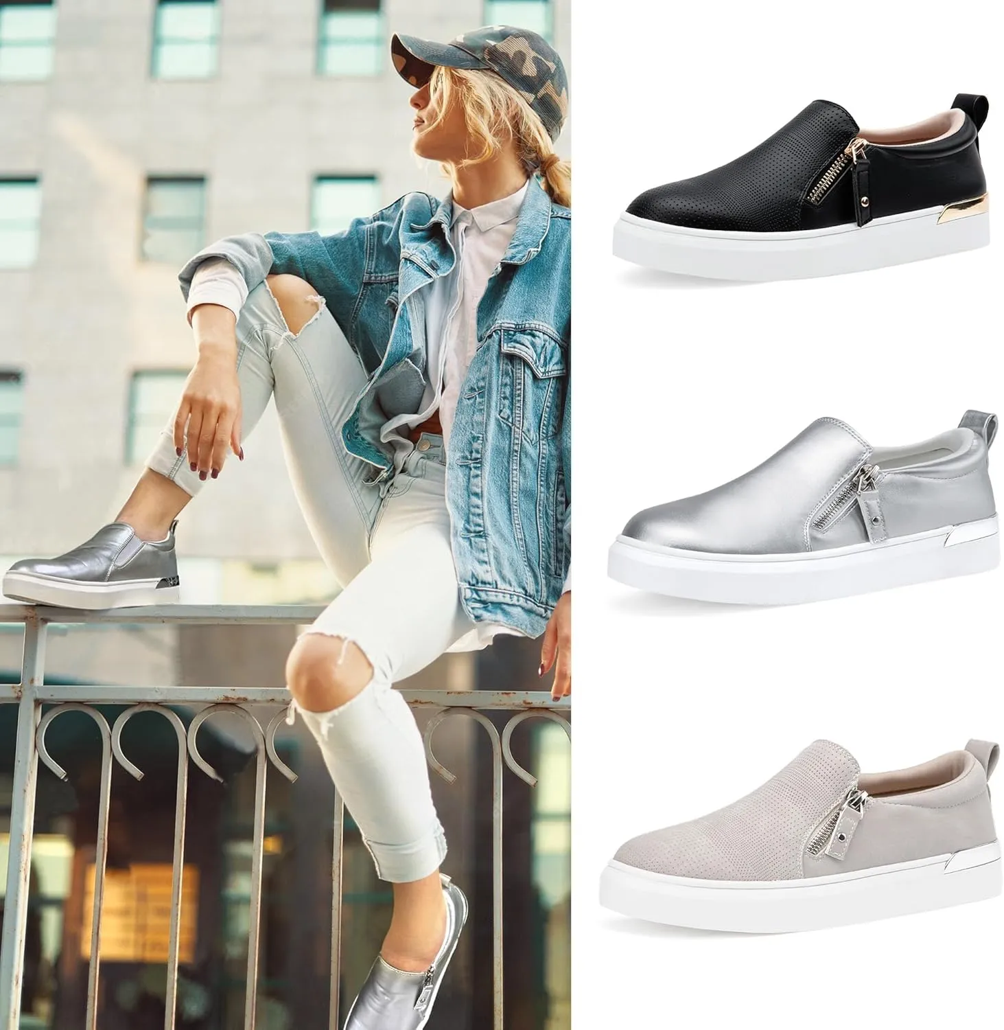 Jeossy Women's Slip On Shoes Casual Fashion Sneakers 8010 Arch Support Loafers for Women with Zipper