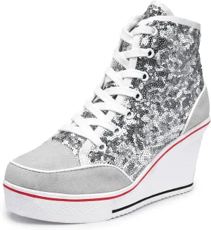Jiu du Women's Glitter Sneakers Platform Wedge Sneaker Sparkly Sequin High Top Lace Up Sneakers Bling Wedding Dressy Tennis Shoes