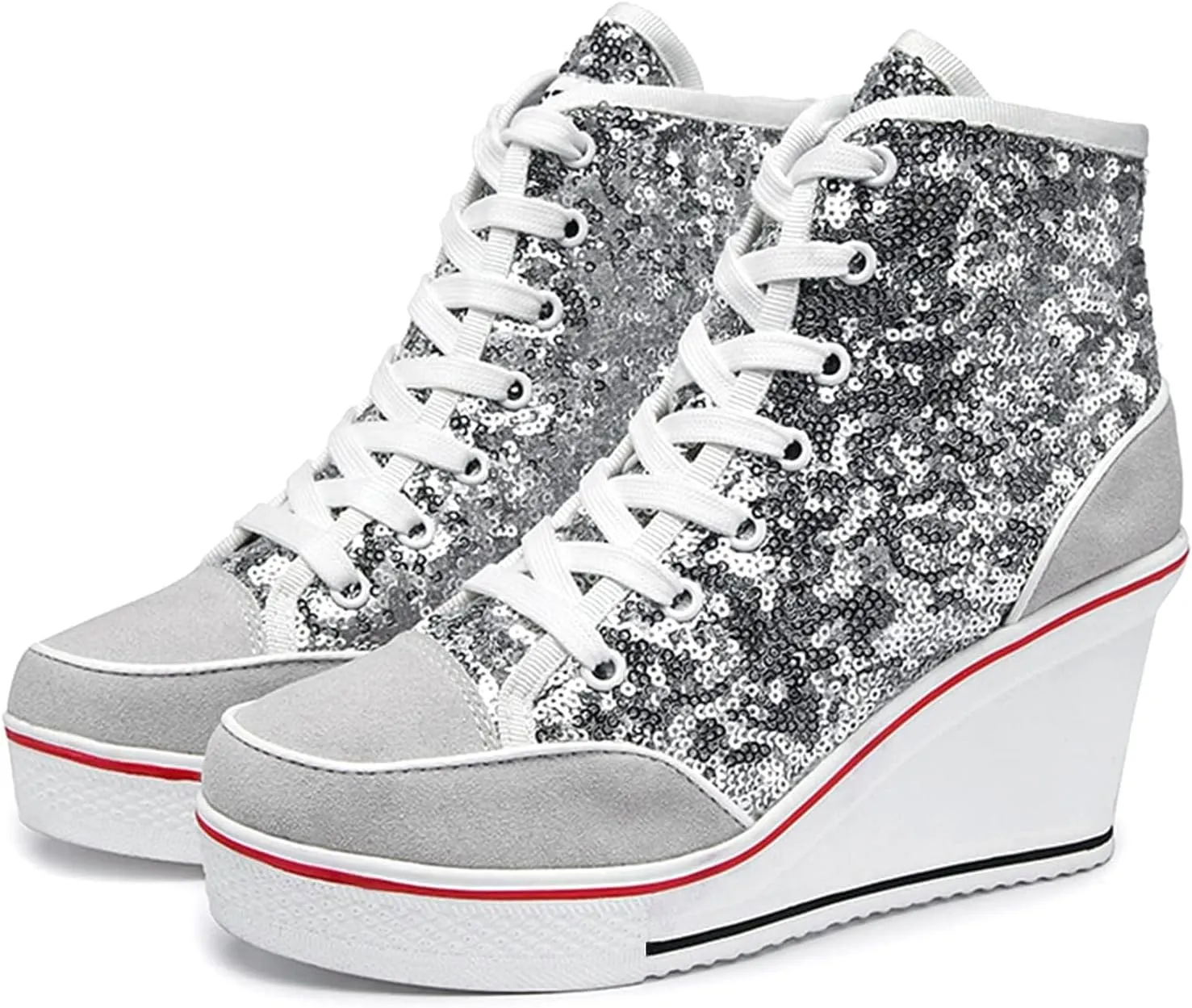 Jiu du Women's Glitter Sneakers Platform Wedge Sneaker Sparkly Sequin High Top Lace Up Sneakers Bling Wedding Dressy Tennis Shoes