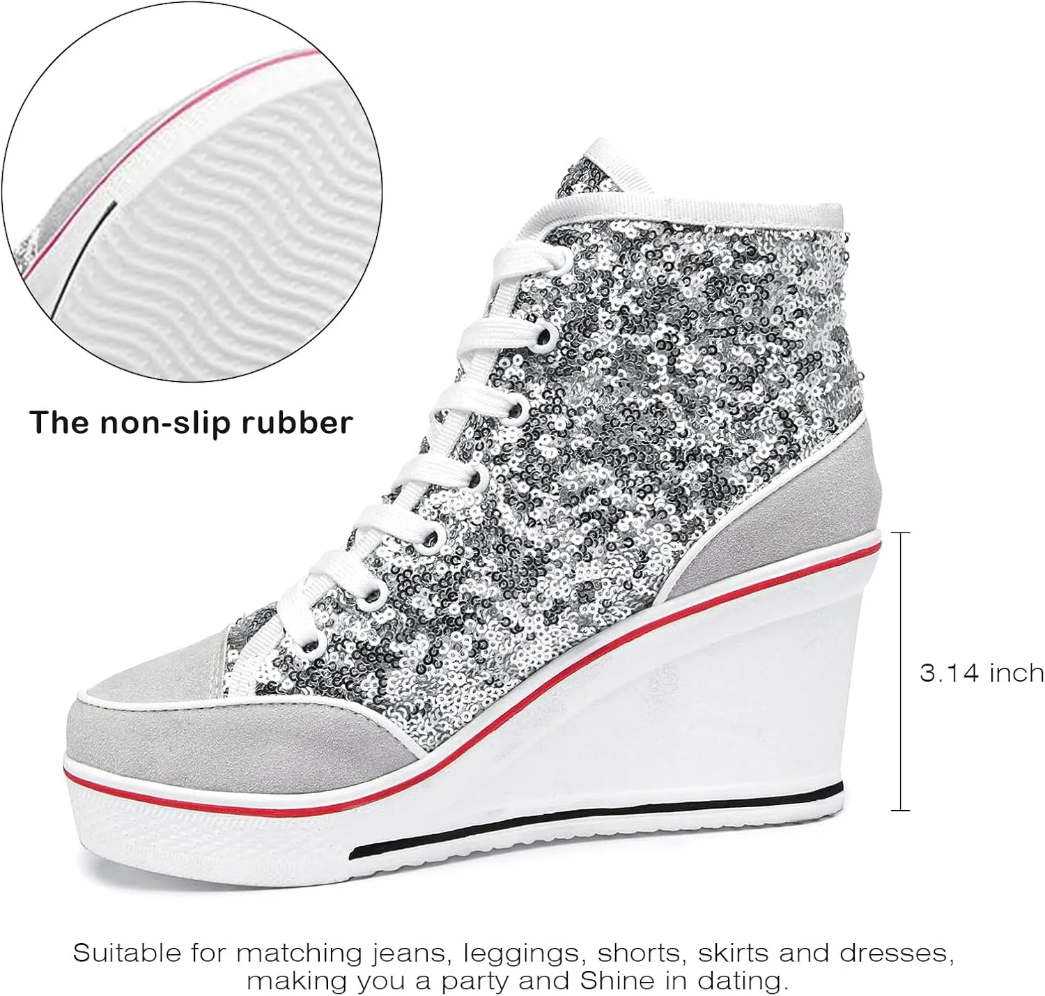 Jiu du Women's Glitter Sneakers Platform Wedge Sneaker Sparkly Sequin High Top Lace Up Sneakers Bling Wedding Dressy Tennis Shoes