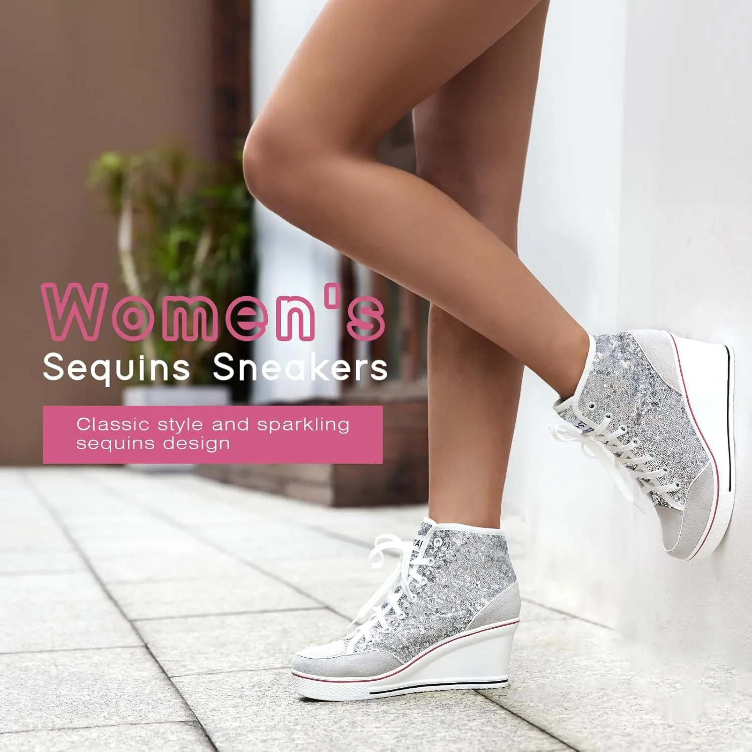 Jiu du Women's Glitter Sneakers Platform Wedge Sneaker Sparkly Sequin High Top Lace Up Sneakers Bling Wedding Dressy Tennis Shoes