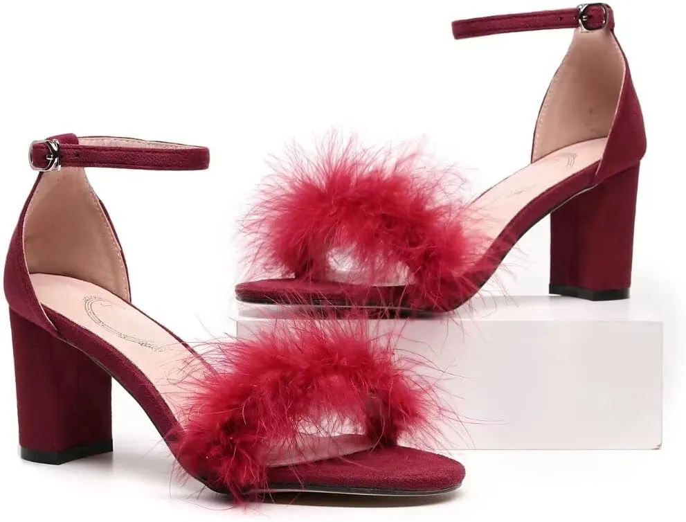 JOEupin Women's Ankle Strap Fluffy Feather Ankle Strap Block Heels Sandals Party Evening High Heel Pump Shoes 2.75"