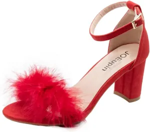 JOEupin Women's Ankle Strap Fluffy Feather Ankle Strap Block Heels Sandals Party Evening High Heel Pump Shoes 2.75"