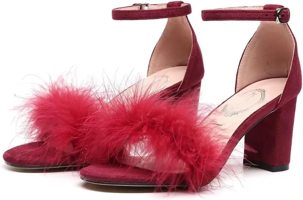 JOEupin Women's Ankle Strap Fluffy Feather Ankle Strap Block Heels Sandals Party Evening High Heel Pump Shoes 2.75"