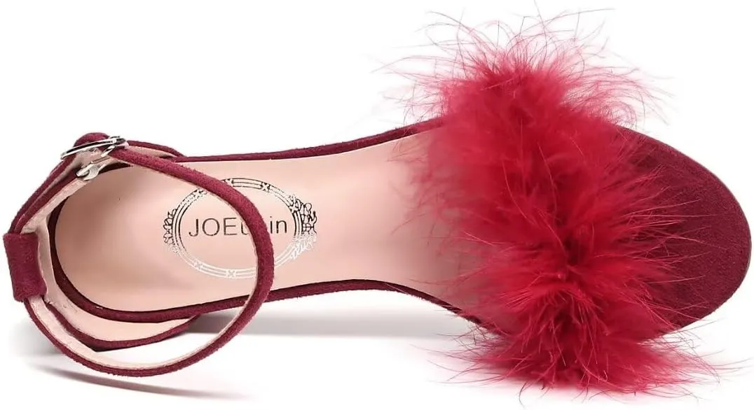 JOEupin Women's Ankle Strap Fluffy Feather Ankle Strap Block Heels Sandals Party Evening High Heel Pump Shoes 2.75"