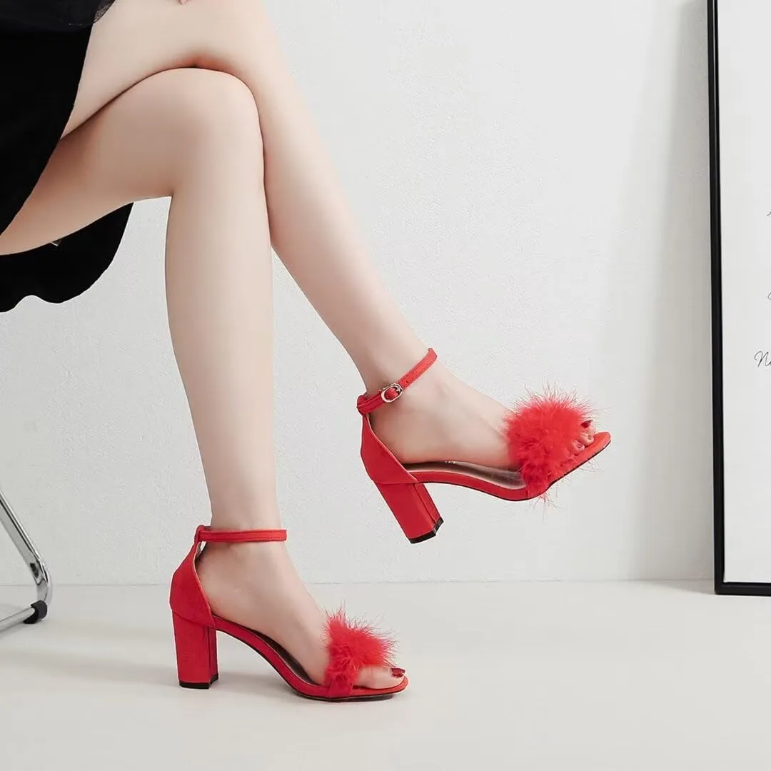 JOEupin Women's Ankle Strap Fluffy Feather Ankle Strap Block Heels Sandals Party Evening High Heel Pump Shoes 2.75"