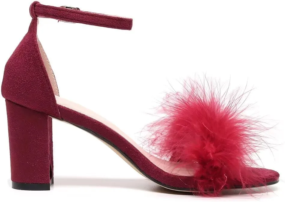 JOEupin Women's Ankle Strap Fluffy Feather Ankle Strap Block Heels Sandals Party Evening High Heel Pump Shoes 2.75"