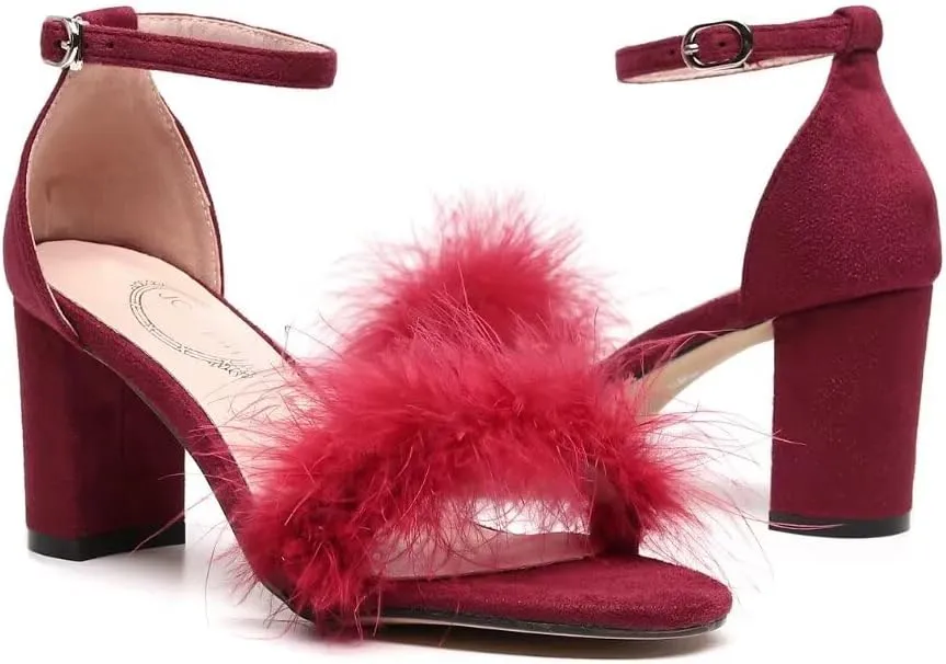 JOEupin Women's Ankle Strap Fluffy Feather Ankle Strap Block Heels Sandals Party Evening High Heel Pump Shoes 2.75"