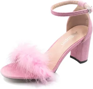 JOEupin Women's Ankle Strap Fluffy Feather Ankle Strap Block Heels Sandals Party Evening High Heel Pump Shoes 2.75"