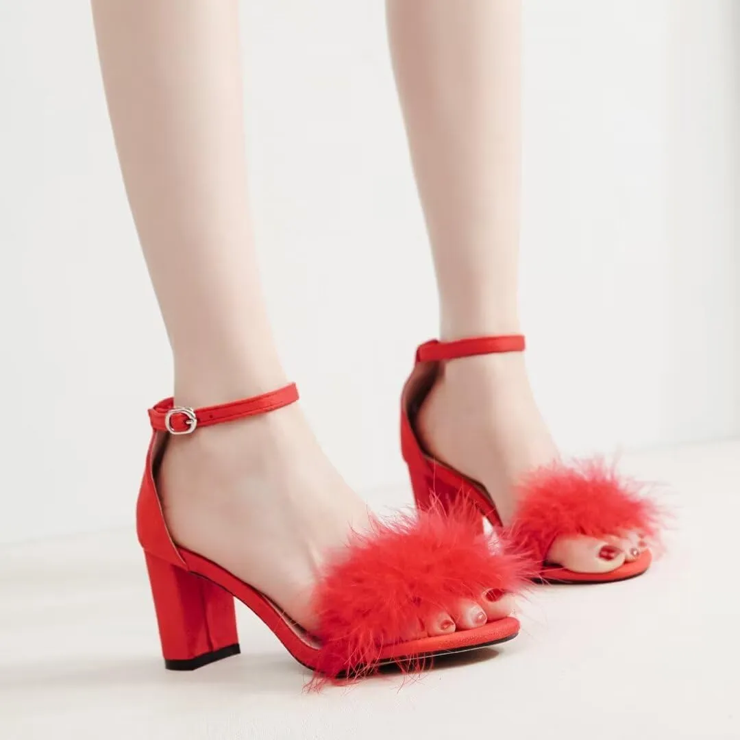 JOEupin Women's Ankle Strap Fluffy Feather Ankle Strap Block Heels Sandals Party Evening High Heel Pump Shoes 2.75"