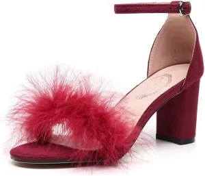 JOEupin Women's Ankle Strap Fluffy Feather Ankle Strap Block Heels Sandals Party Evening High Heel Pump Shoes 2.75"