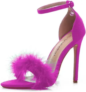 JOEupin Women's Fluffy Marabou Feather High Heels Strappy Heeled Sandals with Fur