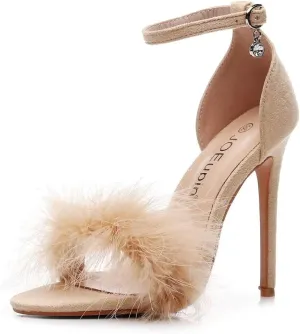 JOEupin Women's Fluffy Marabou Feather High Heels Strappy Heeled Sandals with Fur