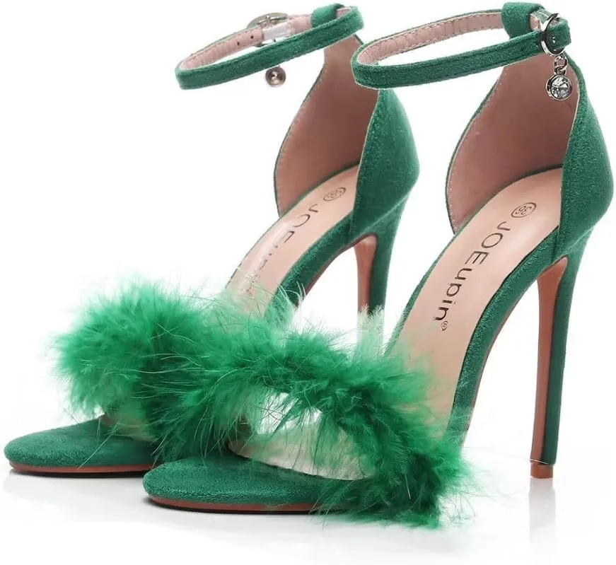 JOEupin Women's Fluffy Marabou Feather High Heels Strappy Heeled Sandals with Fur