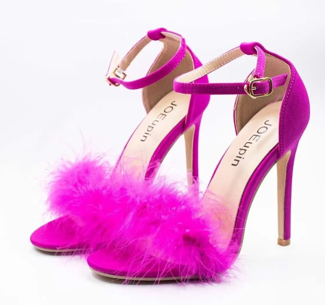 JOEupin Women's Fluffy Marabou Feather High Heels Strappy Heeled Sandals with Fur
