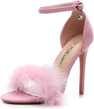 JOEupin Women's Fluffy Marabou Feather High Heels Strappy Heeled Sandals with Fur