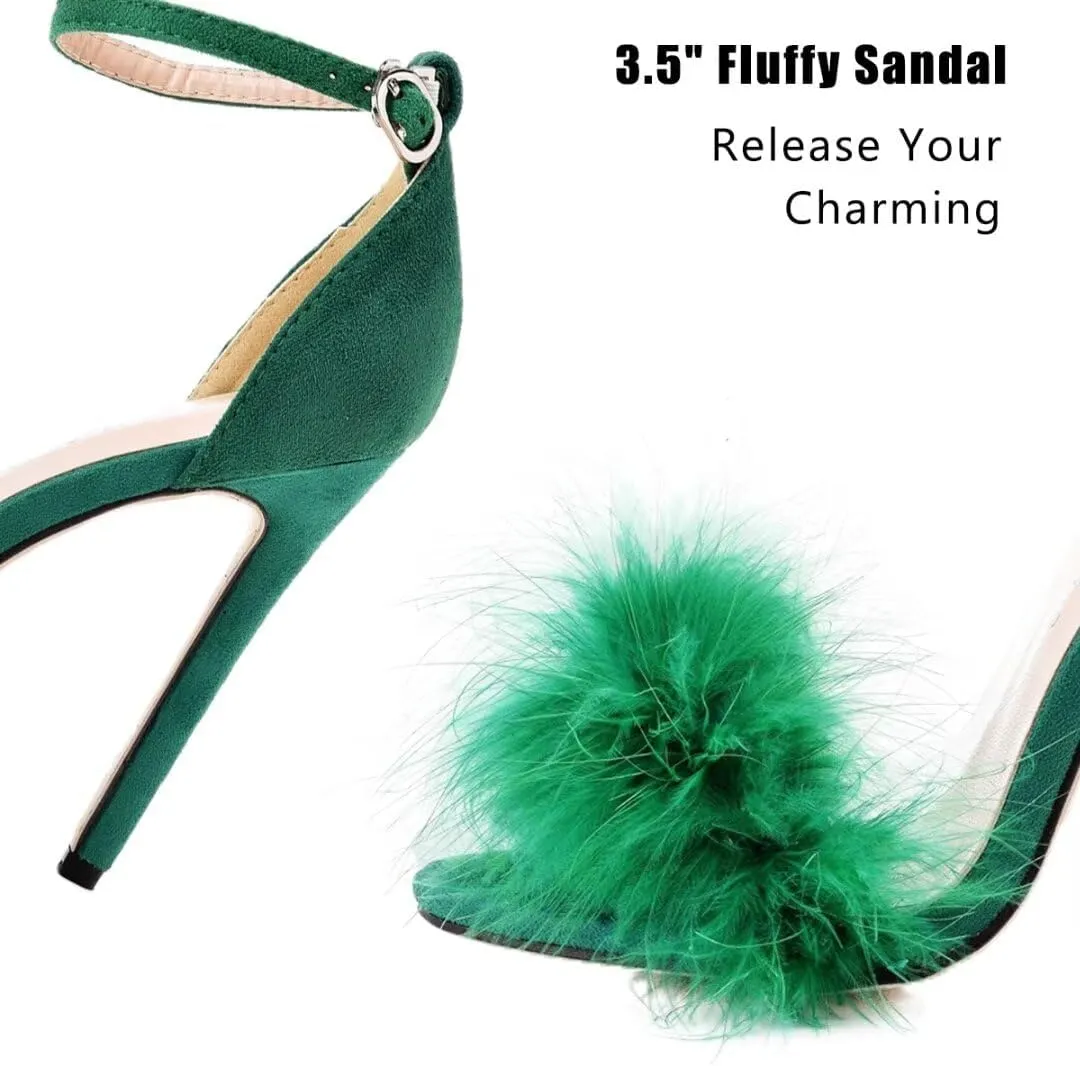 JOEupin Women's Fluffy Marabou Feather High Heels Strappy Heeled Sandals with Fur