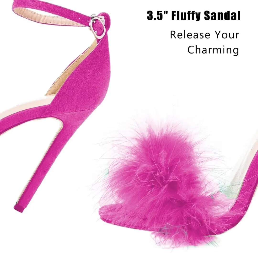 JOEupin Women's Fluffy Marabou Feather High Heels Strappy Heeled Sandals with Fur