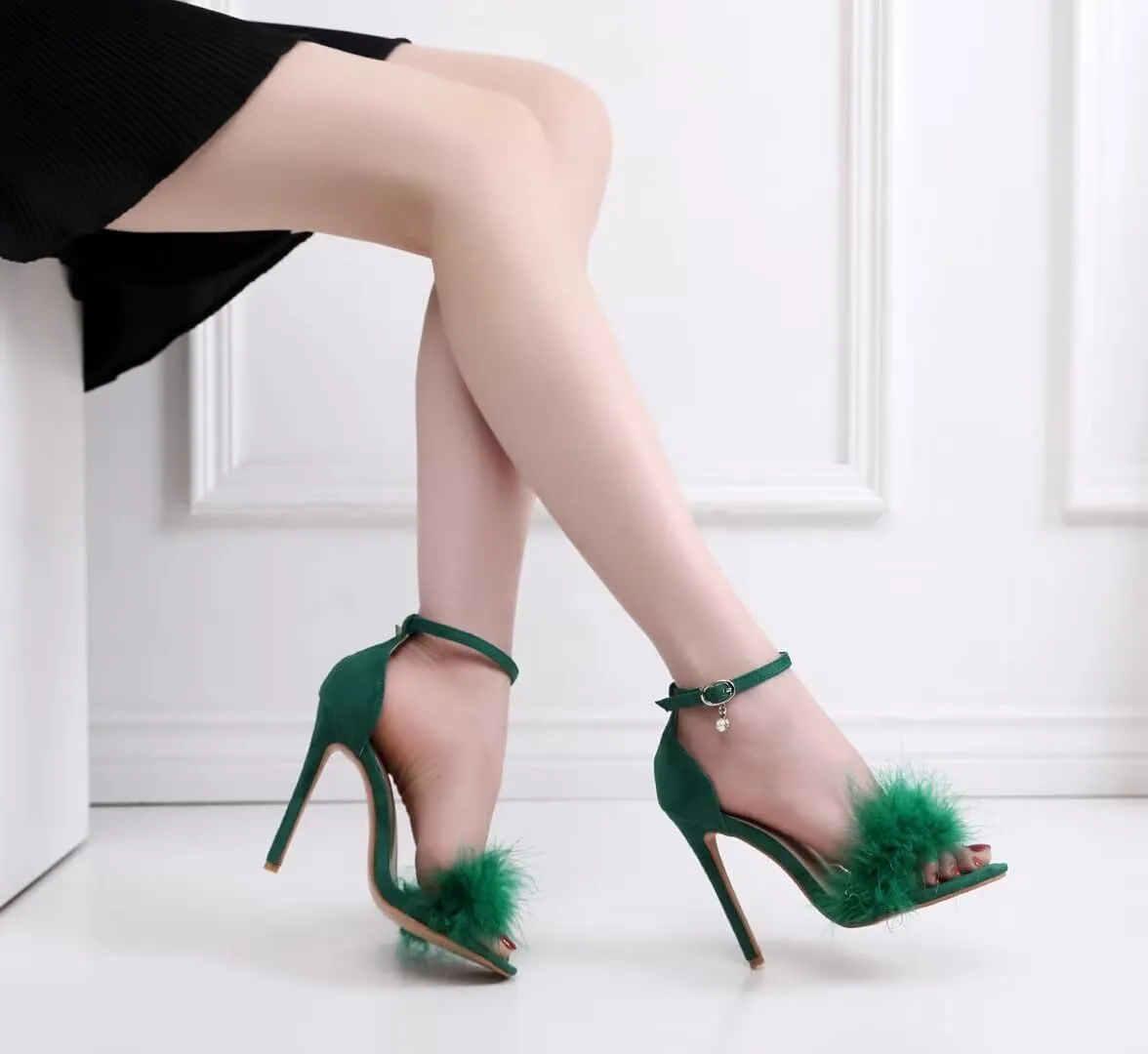 JOEupin Women's Fluffy Marabou Feather High Heels Strappy Heeled Sandals with Fur