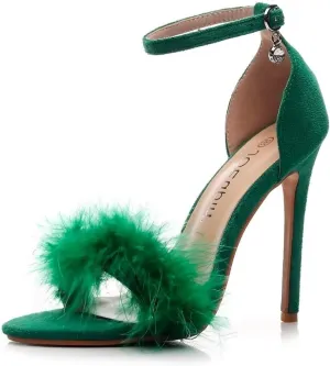 JOEupin Women's Fluffy Marabou Feather High Heels Strappy Heeled Sandals with Fur