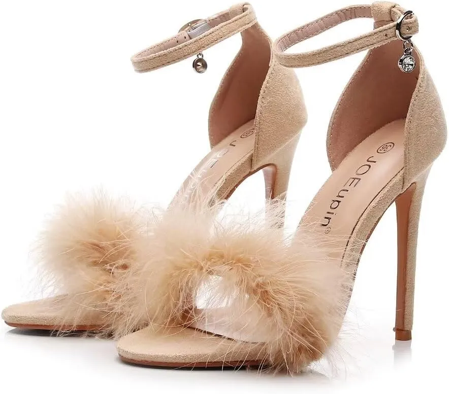 JOEupin Women's Fluffy Marabou Feather High Heels Strappy Heeled Sandals with Fur