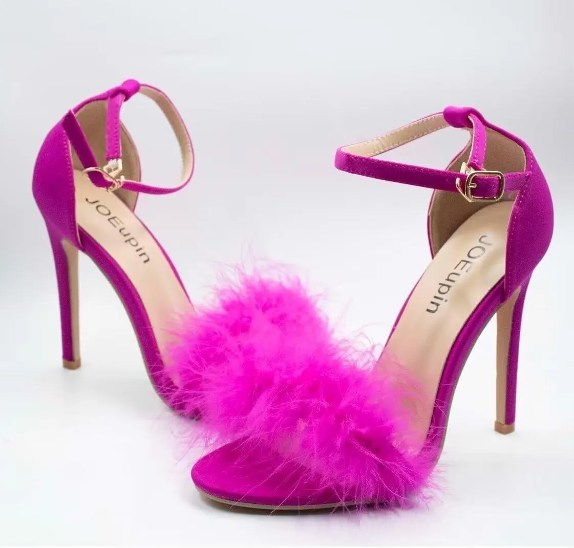 JOEupin Women's Fluffy Marabou Feather High Heels Strappy Heeled Sandals with Fur
