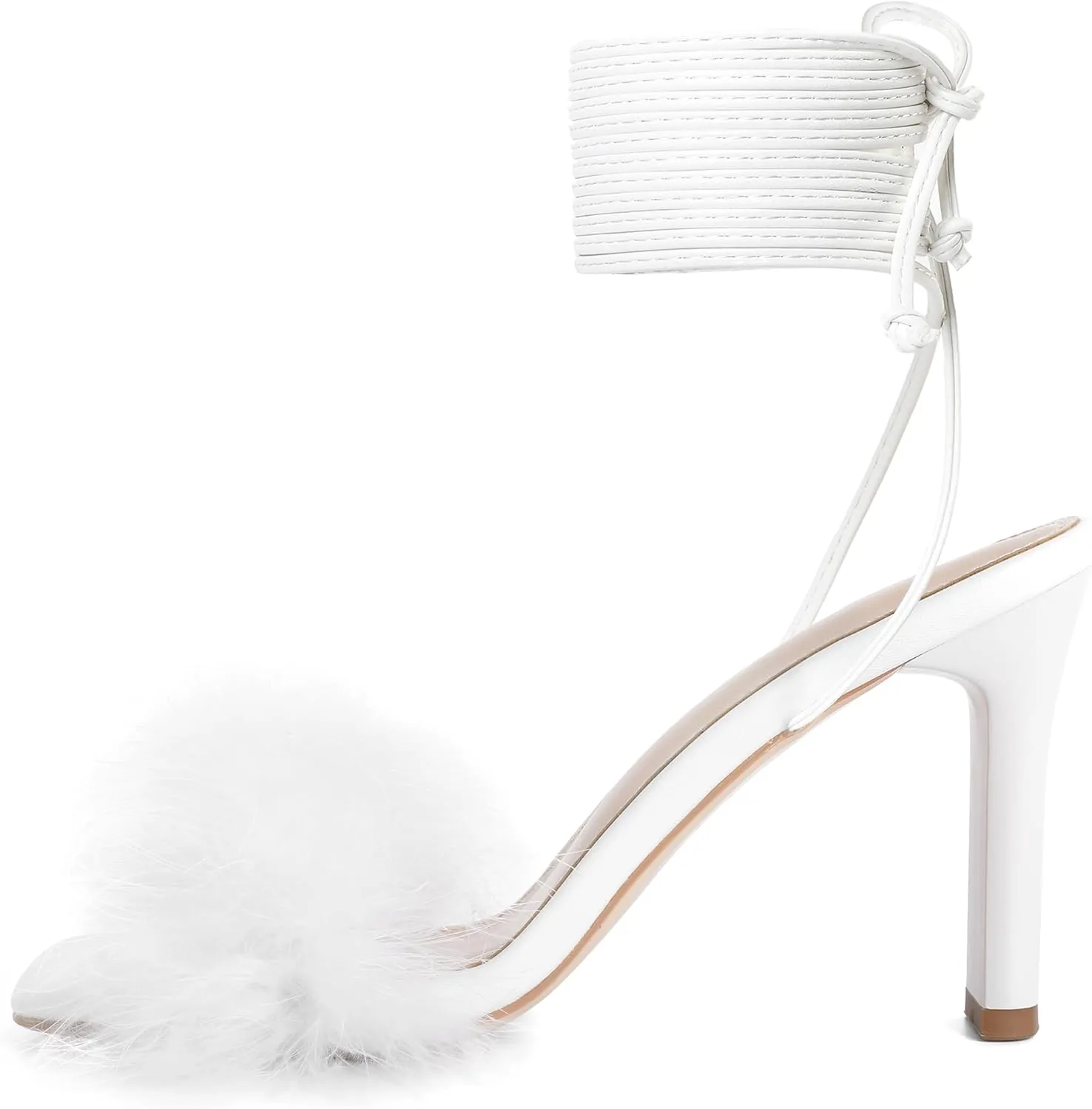 Joseywade Chunky Heels For Women Faux Fur Feather High Heel 3.5" Heeled Sandals Open Toe Shoes