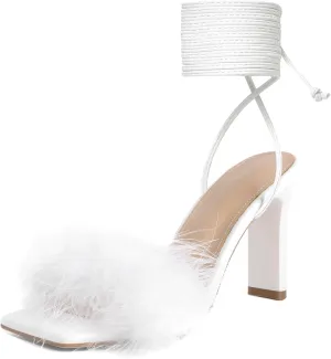 Joseywade Chunky Heels For Women Faux Fur Feather High Heel 3.5" Heeled Sandals Open Toe Shoes