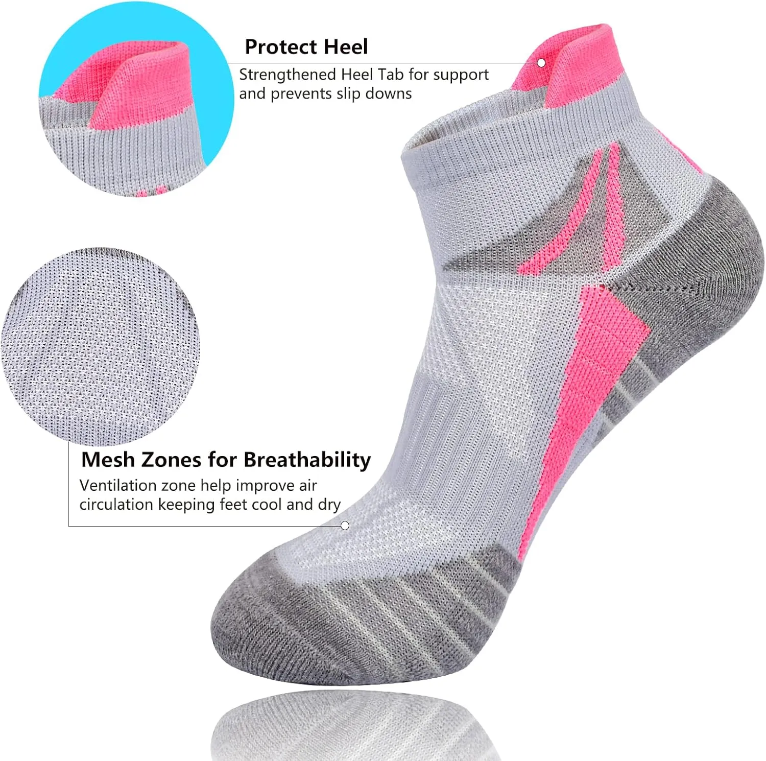 J.WMEET Womens Ankle Socks Athletic Cushioned Breathable Performance Sport Tab Cotton Quarter Women's Running Socks 6 Pack