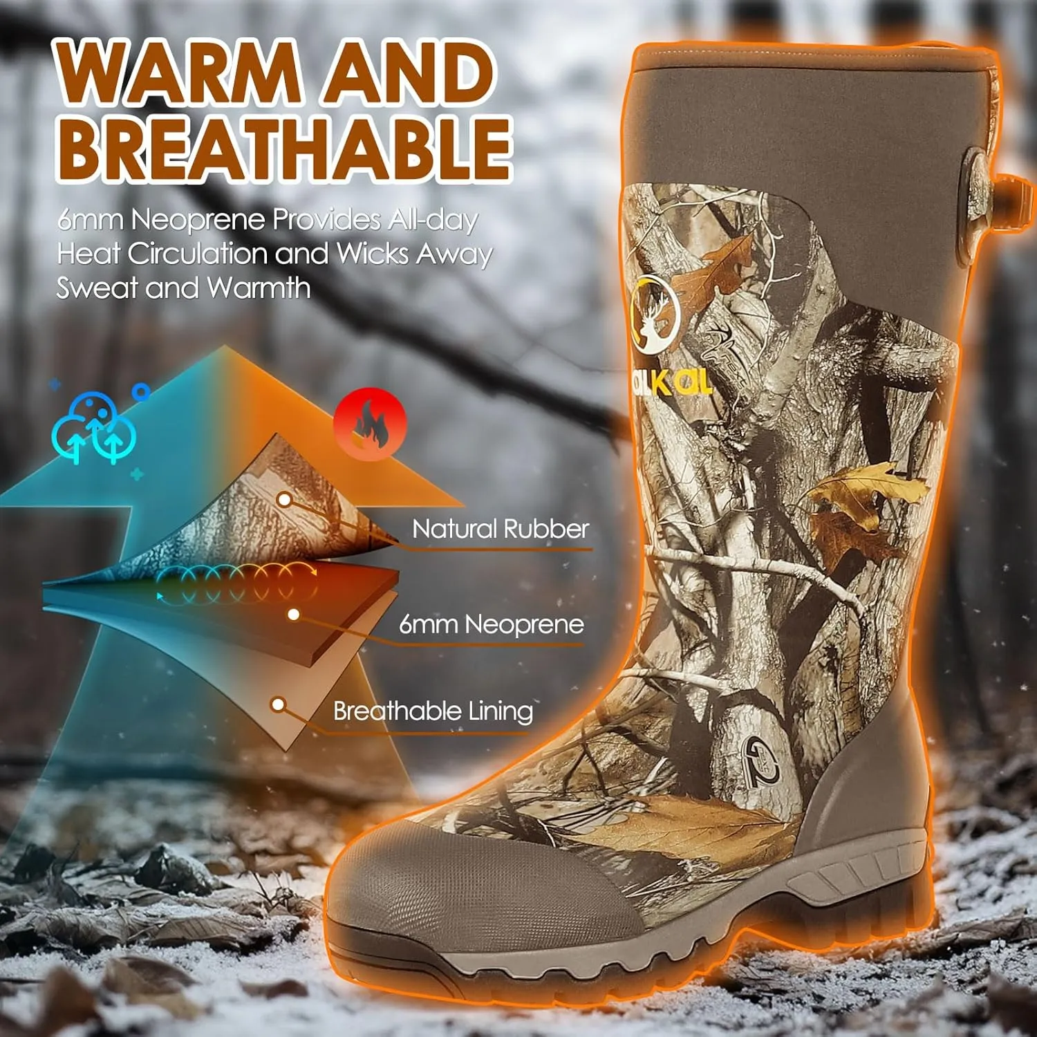 Kalkal Hunting Boots, Waterproof Anti-slip Rain Boots, Insulated Rubber Boots with 6mm Neoprene, for Hunting Working Farming (Size 6-14)