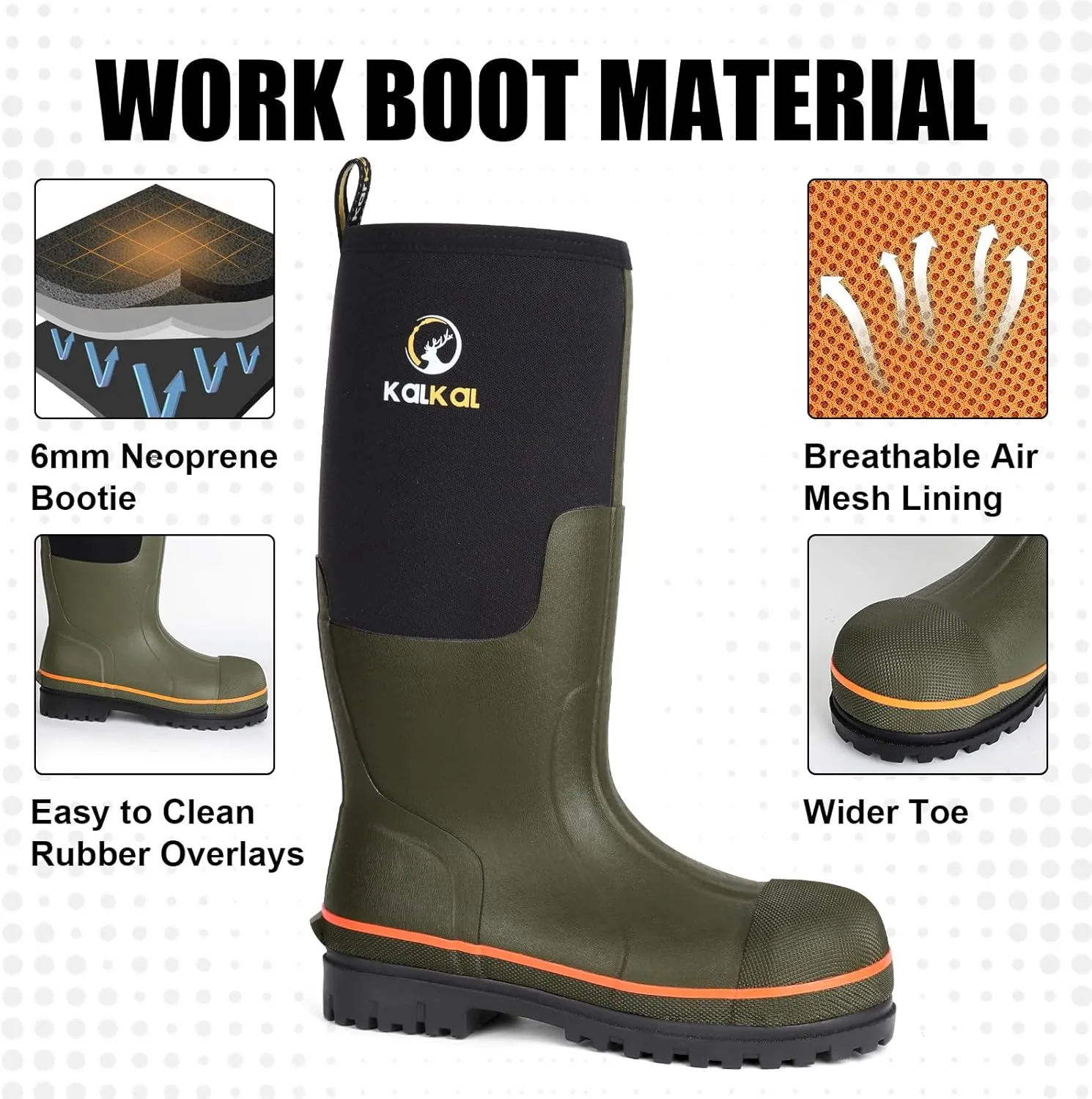 Kalkal Steel Toe Rubber Boots For Men, Waterproof Rubber Work Boots With Steel Shank, Puncture-Proof Safey Composite Toe Hunting Boots for Farming, Gardening, Fishing, Outdoor Work, Size 6-14