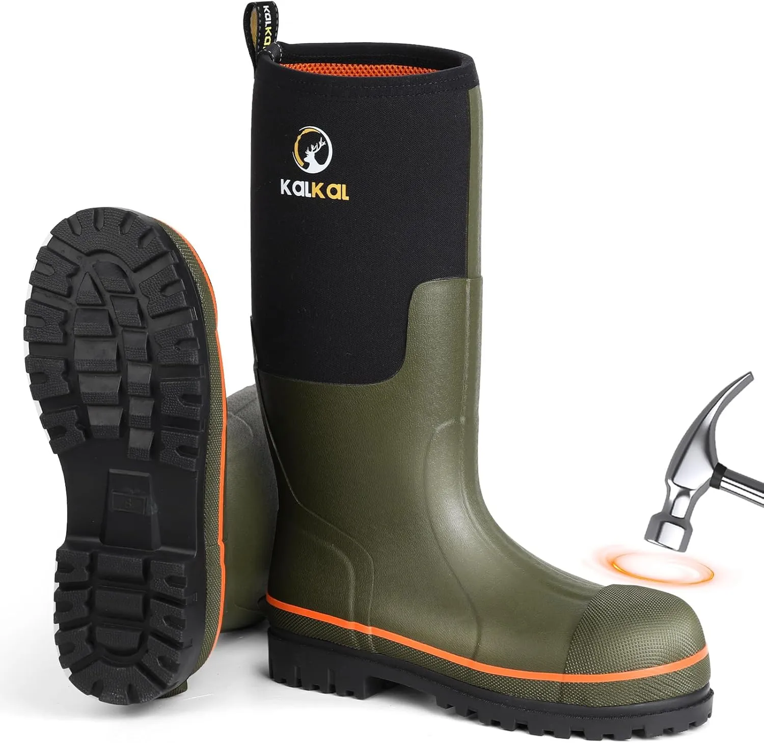 Kalkal Steel Toe Rubber Boots For Men, Waterproof Rubber Work Boots With Steel Shank, Puncture-Proof Safey Composite Toe Hunting Boots for Farming, Gardening, Fishing, Outdoor Work, Size 6-14