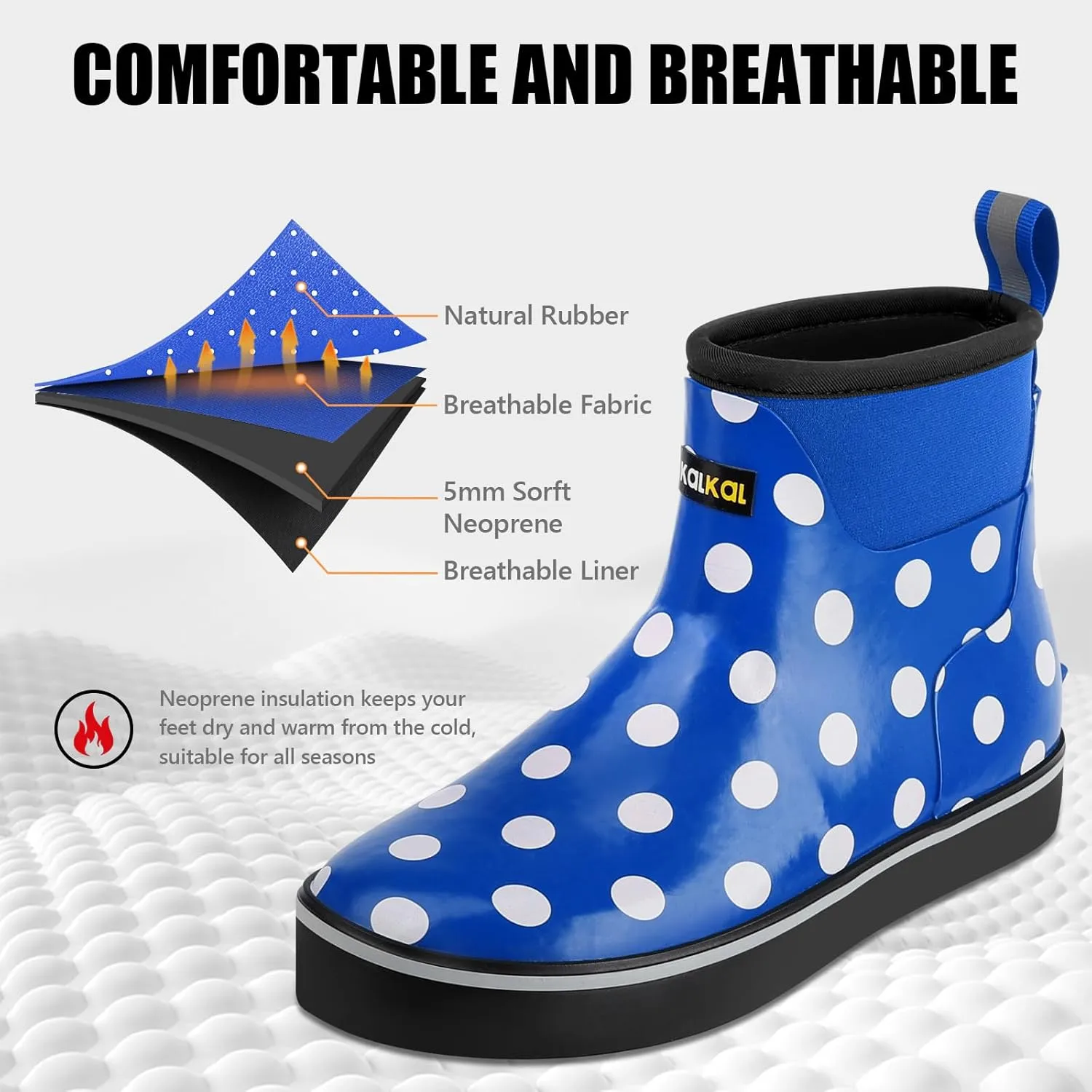 Kalkal Womens Rain Boots Ankle Waterproof Deck Boots, Anti-Slip Girl Boots for Fishing Daily Working Farming