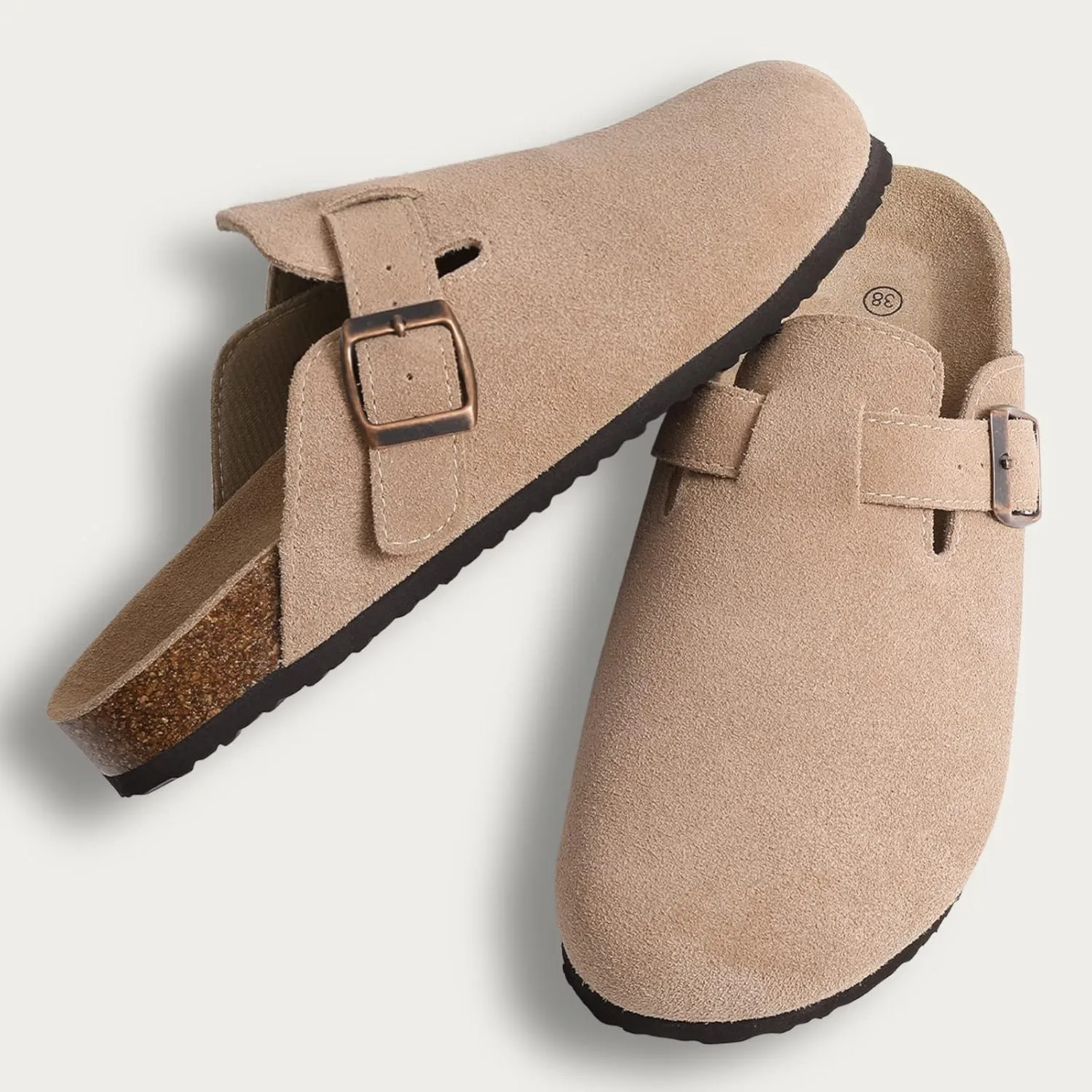 KIDMI Women's Suede Clogs Leather Mules Cork Footbed Sandals Potato Shoes with Arch Support