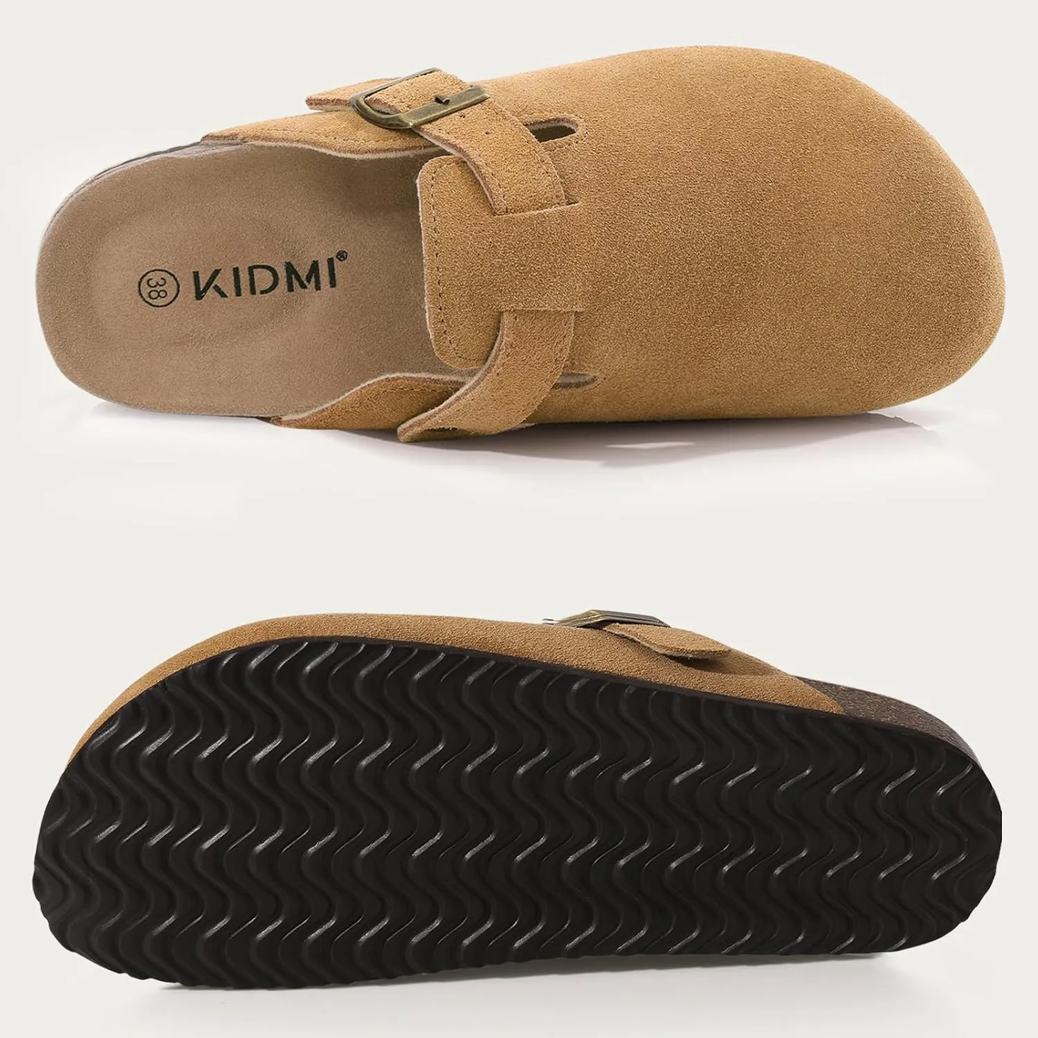 KIDMI Women's Suede Clogs Leather Mules Cork Footbed Sandals Potato Shoes with Arch Support